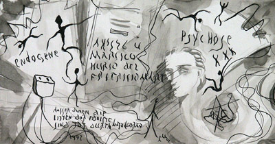 Endogene Psychose (Entwurf), 1997, Tusche auf Papier, ca. 15 x 29 cm