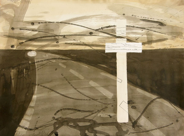 Landschaft, 2001, Tusche/Feder auf Papier, 55 x 75 cm