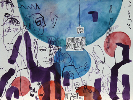 Die Versklavung des Schpfers durch die Erlsung des Geistes und der Materie, 2003, Feder, Tusche, Aquarell auf Papier, 30 x 40 cm