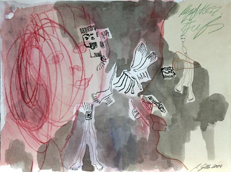 Kopf, Herz, Fu (Zeichnung), Tusche, Feder, Farbstifte, 30 x 40 cm