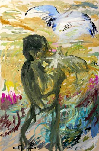 Mensch und Vogel (Prometheus erschafft den Adler und haucht ihm Leben ein), l auf Leinwand, 130 x 90 cm