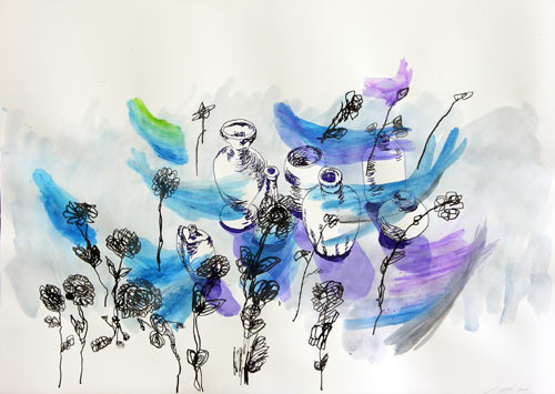 Stillleben mit blau, Tusche und Aquarell auf Papier, 50 x 70 cm