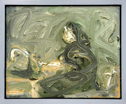 Schreibender, 1999, l auf Hartfaser, 19 x 23 cm