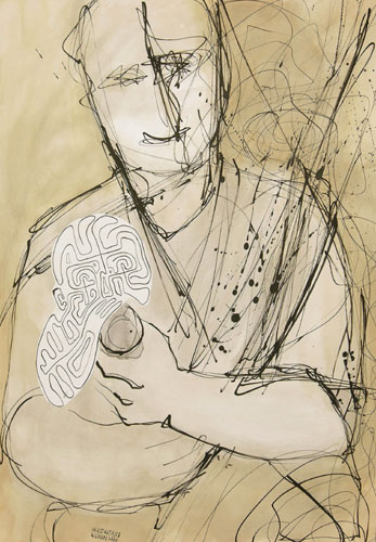 Mann mit Kind, 2000, Feder und Tusche auf Papier, ca.70 x 50 cm