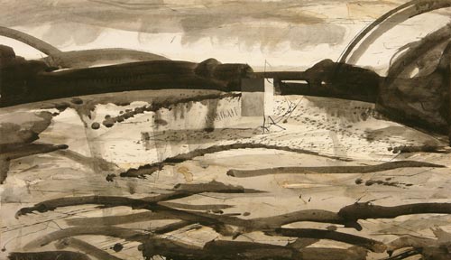 Landschaft, 2001, Feder/Tusche auf Papier, 52 x 91 cm