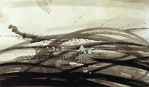 Landschaft, 2001, Tusche/Feder auf Papier, 53 x 92 cm