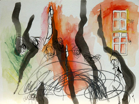 Zeichnung, 2002, Mischtechnik auf Papier, 30 x 40 cm