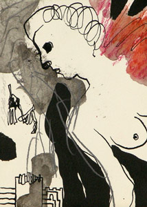  Im Dezember im Atelier gemaltes Bild, 2003, Feder, Tusche, Farbstifte auf Papier, 18 x 12 cm