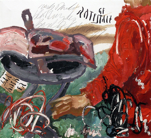 Rote Gestalt und Barhocker nach Durchblttern eines Baselitz-Kataloges