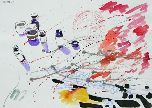 Stillleben mit antikem Kopf, Tusche, Wasserfarben, 50 x 70 cm