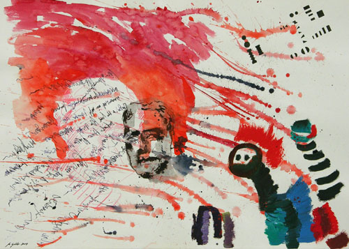 Stillleben mit Kopf, Mischtechnik auf Papier, 50 x 70 cm