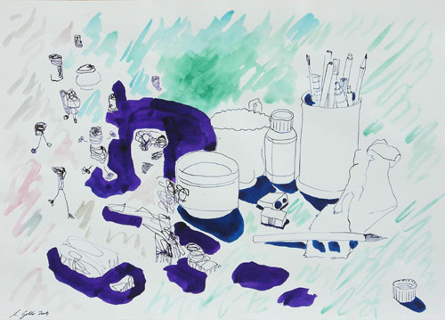 Stillleben, Tusche und Wasserfarben, 50 x 70 cm