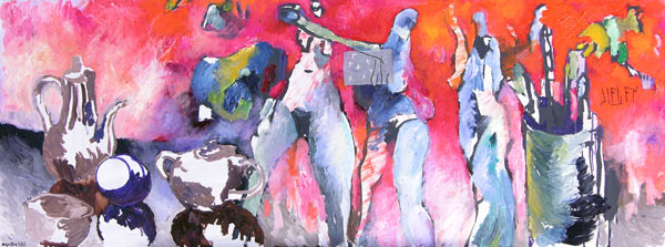 sieben, l auf Hartfaser, 47 x 125 cm