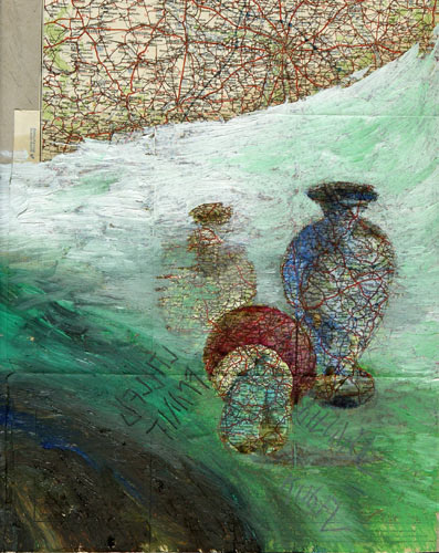 Stilleben mit Billardkugel, Collage/Mischtechnik auf Papier, 40 x 50 cm