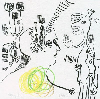 Geschnitzter Hirsch, Tusche, Farbstifte, 20 x 20 cm