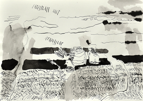 Landschaft mit Rekursion, Tusche, 30 x 42 cm