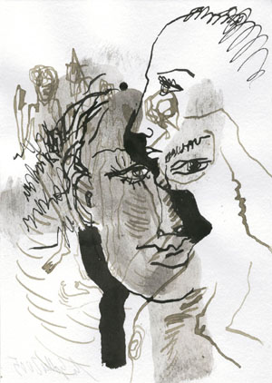 Zwei Kpfe, Tusche, 21 x 15 cm