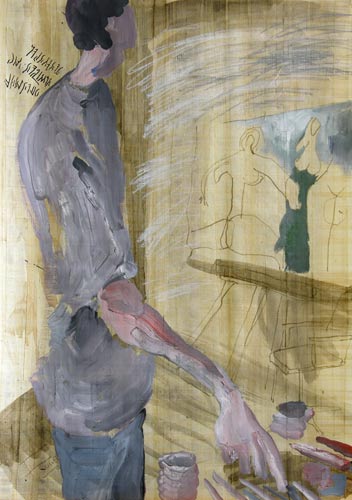 Der Farbenanmischer, Mischtechnik auf Papyrus, 68 x 48 cm