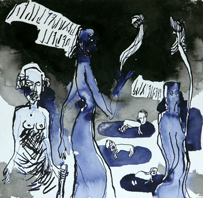 Vier Dreiheiten (Blauhndiger Rebell), Tusche, 20 x 20 cm