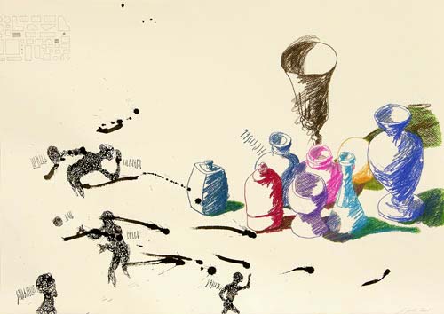 Figuren, Tusche und Farbstifte auf Papier, 50 x 70 cm