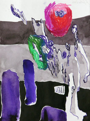 Ebenenkiller, Tusche, Farbstifte, 32 x 24 cm