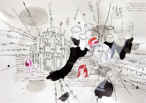 Kunstgeschichtliches Experiment, Mischtechnik auf Papier, 50 x 70 cm