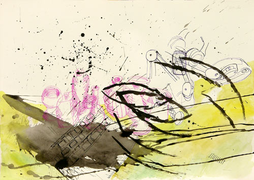Stillleben mit gelb, Tusche, Farbstifte, Aquarell auf Papier, 50 x 70 cm