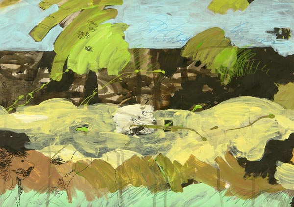 Wiese mit Bumen, Mischtechnik auf Papier, 62 x 88 cm