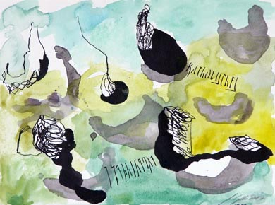 Katholisches Experiment, Tusche und Aquarell auf Papier, 24 x 32 cm